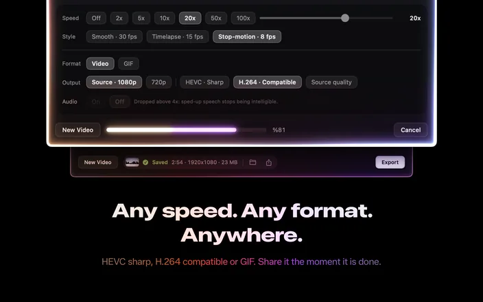 The controls close up: speed, style, format, output and audio. An export is running, and under it the finished row reads Saved with the length, resolution and file size.