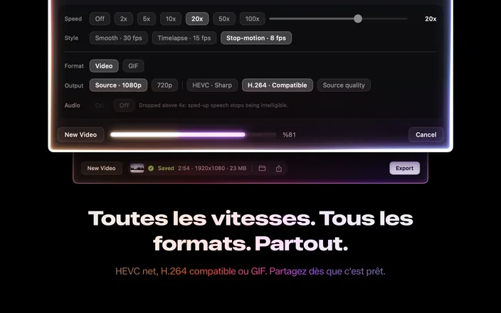 Les réglages de près : vitesse, style, format, sortie et son. Un export est en cours, et en dessous la ligne finale affiche Enregistré avec la durée, la résolution et la taille.